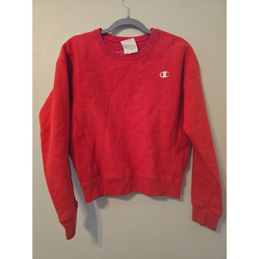Champion Reverse Weave Red Crewneck Sweatshirt Small Embroidered Logo